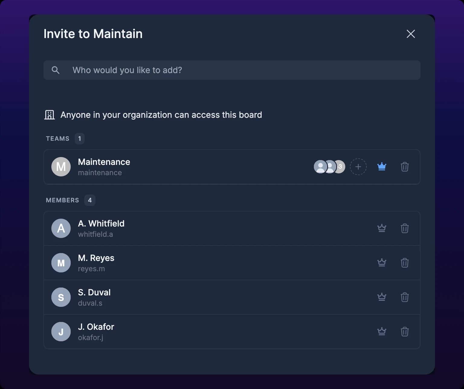 The Invite to Maintain dialog. A search field at the top reads Who would you like to add?, and under it a line with a building icon reads Anyone in your organization can access this board. Below that a TEAMS heading with a count of 1 lists the Maintenance team, with its handle, a stack of its member avatars, a dashed plus button, a filled blue crown, and a trash icon. Under it a MEMBERS heading with a count of 4 lists four people, each with their name, username, a crown and a trash icon; all four member crowns are outlined, so the team is the board's only owner.