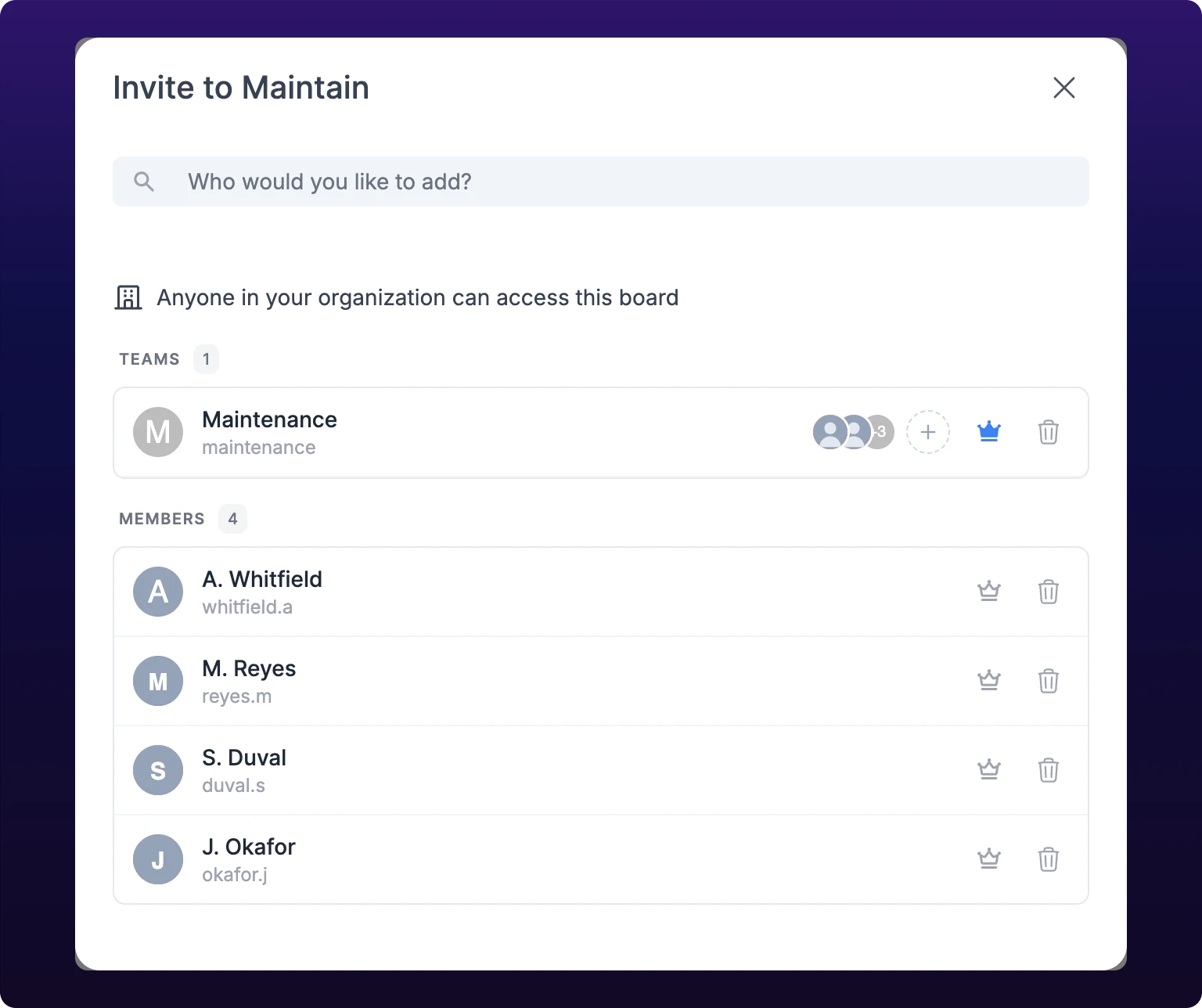 The Invite to Maintain dialog. A search field at the top reads Who would you like to add?, and under it a line with a building icon reads Anyone in your organization can access this board. Below that a TEAMS heading with a count of 1 lists the Maintenance team, with its handle, a stack of its member avatars, a dashed plus button, a filled blue crown, and a trash icon. Under it a MEMBERS heading with a count of 4 lists four people, each with their name, username, a crown and a trash icon; all four member crowns are outlined, so the team is the board's only owner.