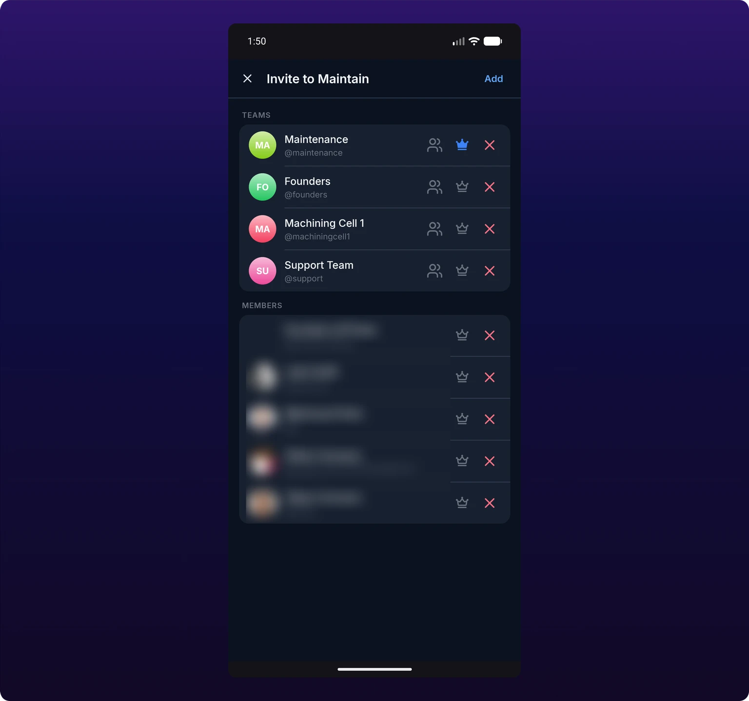 Board membership on an Android phone, filling the screen. A search field at the top reads Who would you like to add?, with a TEAMS heading and one team row below it, then a MEMBERS heading and four people, each row carrying an avatar, a name, a username, a crown and a trash icon.
