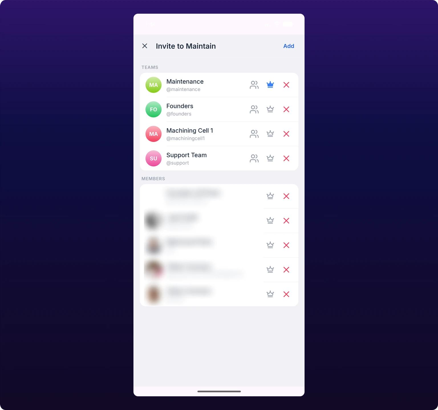 Board membership on an Android phone, filling the screen. A search field at the top reads Who would you like to add?, with a TEAMS heading and one team row below it, then a MEMBERS heading and four people, each row carrying an avatar, a name, a username, a crown and a trash icon.