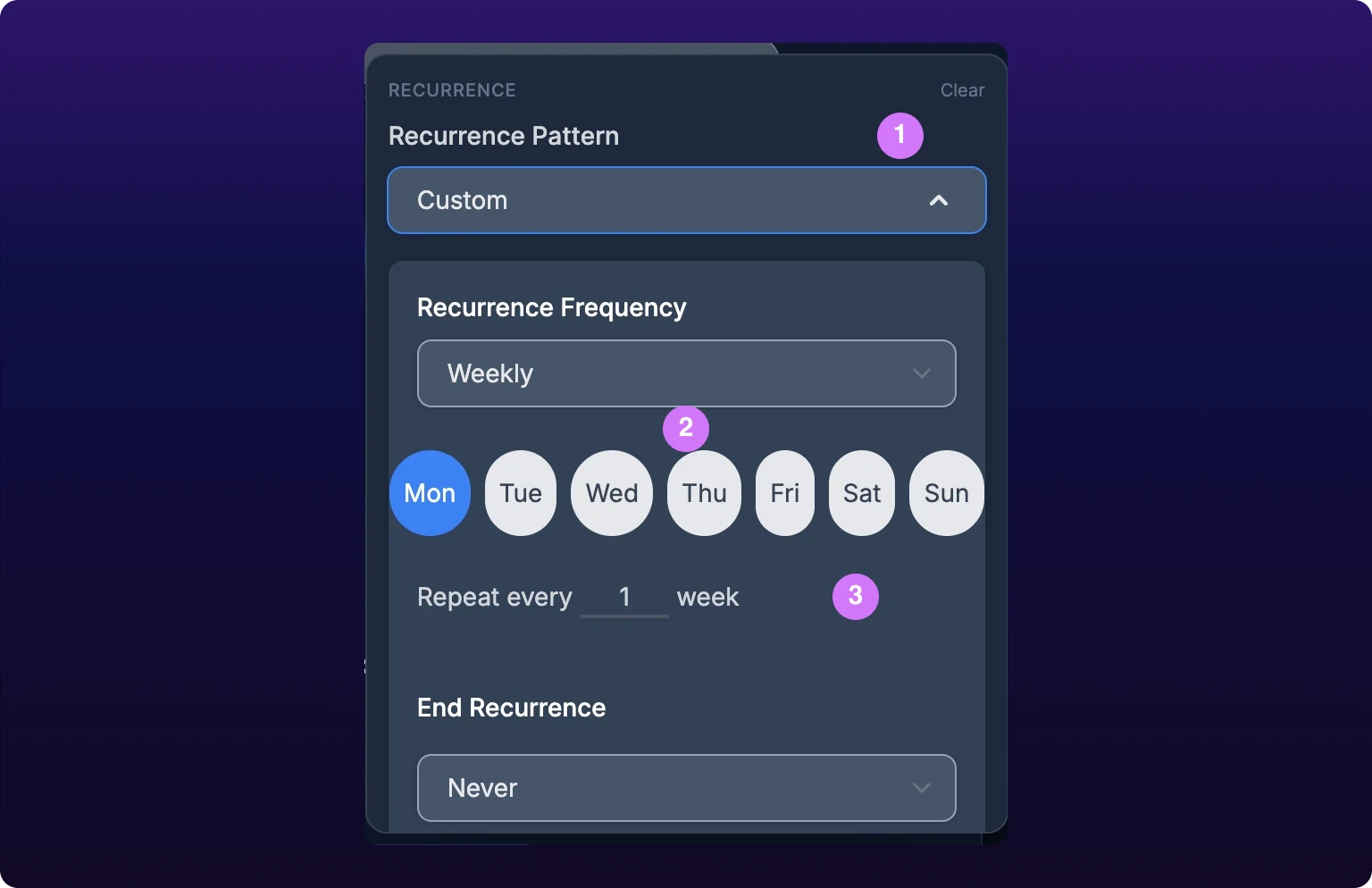 The create modal's recurrence panel with Recurrence Pattern set to Custom, a Recurrence Frequency control reading Weekly, a row of round day pills with Mon highlighted, and a Repeat every field reading 1 week, with numbered callouts on the pattern control, the weekday row and the interval field