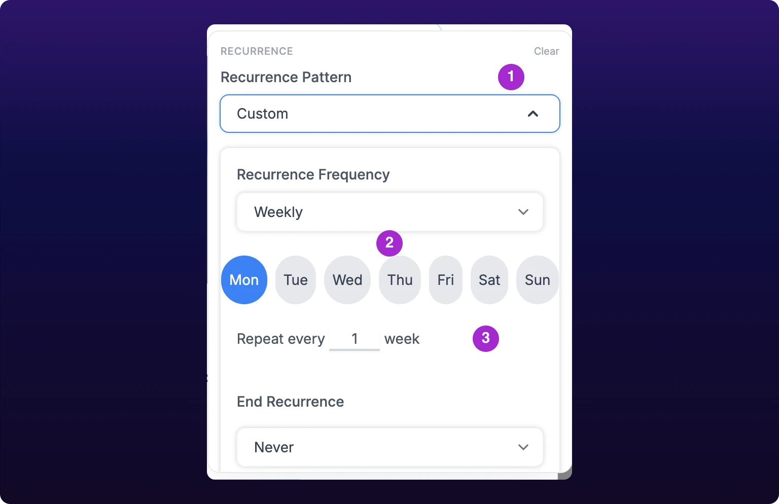 The create modal's recurrence panel with Recurrence Pattern set to Custom, a Recurrence Frequency control reading Weekly, a row of round day pills with Mon highlighted, and a Repeat every field reading 1 week, with numbered callouts on the pattern control, the weekday row and the interval field