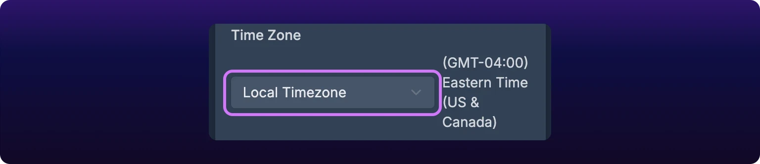 A cropped detail of the recurrence panel showing the Time Zone label, a highlighted select reading Local Timezone, and the zone's full name, GMT minus 04:00 Eastern Time US and Canada, to the right of the control