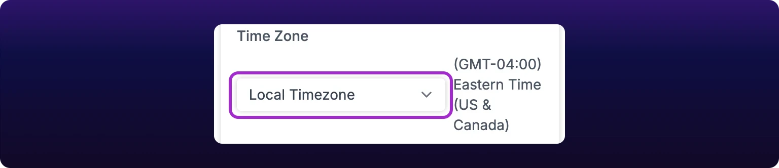 A cropped detail of the recurrence panel showing the Time Zone label, a highlighted select reading Local Timezone, and the zone's full name, GMT minus 04:00 Eastern Time US and Canada, to the right of the control