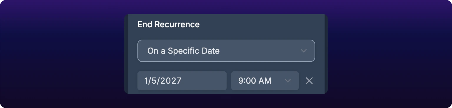 A cropped detail of the recurrence panel's end section, with End Recurrence set to On a Specific Date, a date button reading 1/5/2027 beside a time dropdown reading 9:00 AM, and a clear cross to the right of them