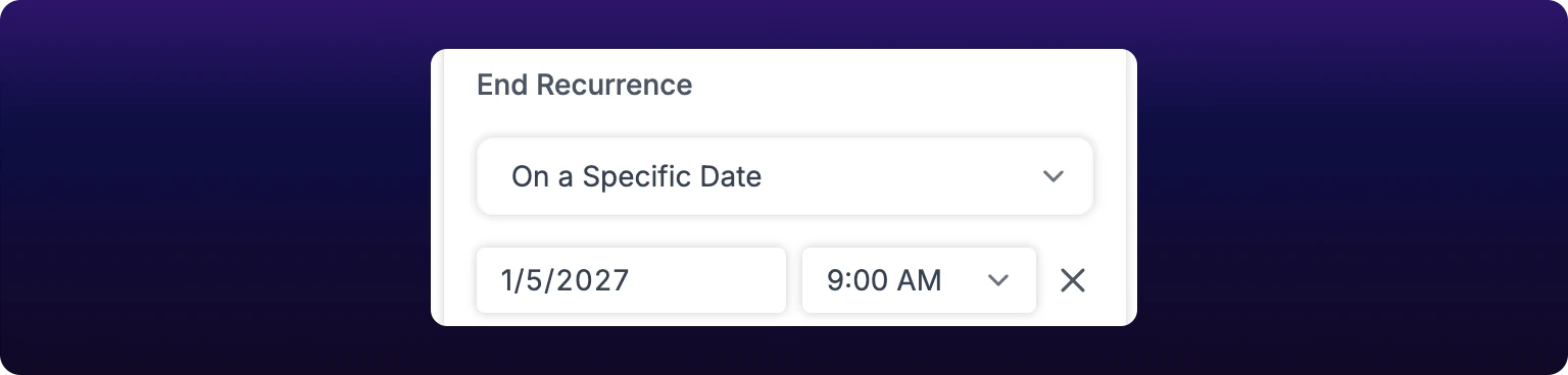 A cropped detail of the recurrence panel's end section, with End Recurrence set to On a Specific Date, a date button reading 1/5/2027 beside a time dropdown reading 9:00 AM, and a clear cross to the right of them