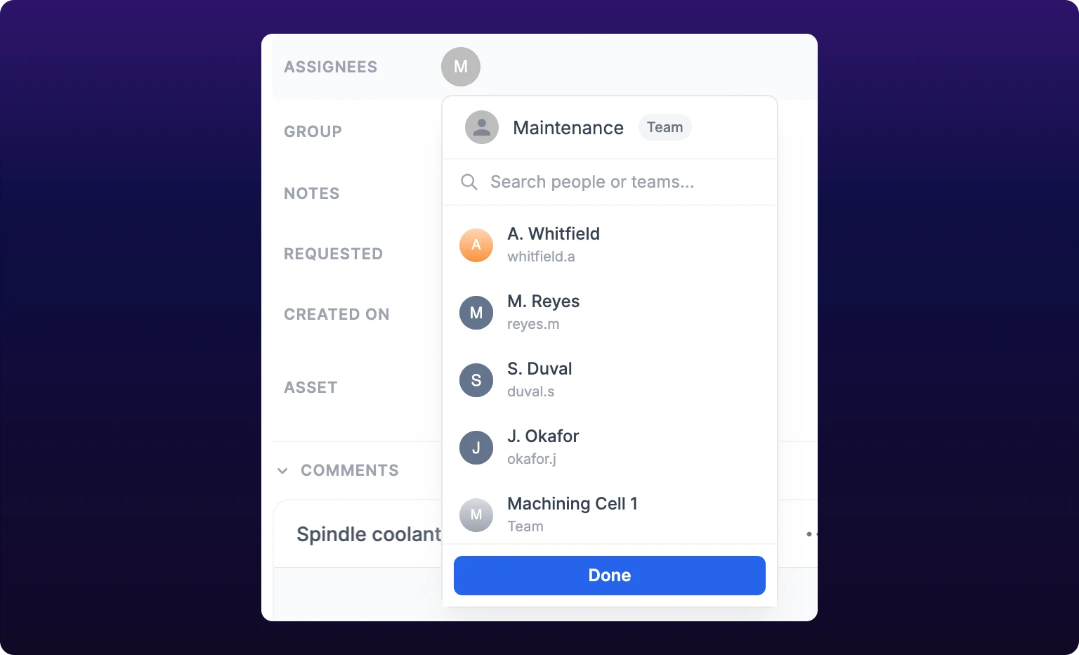 The Assignees control in the work-order drawer with its dropdown open, listing people and teams with avatars