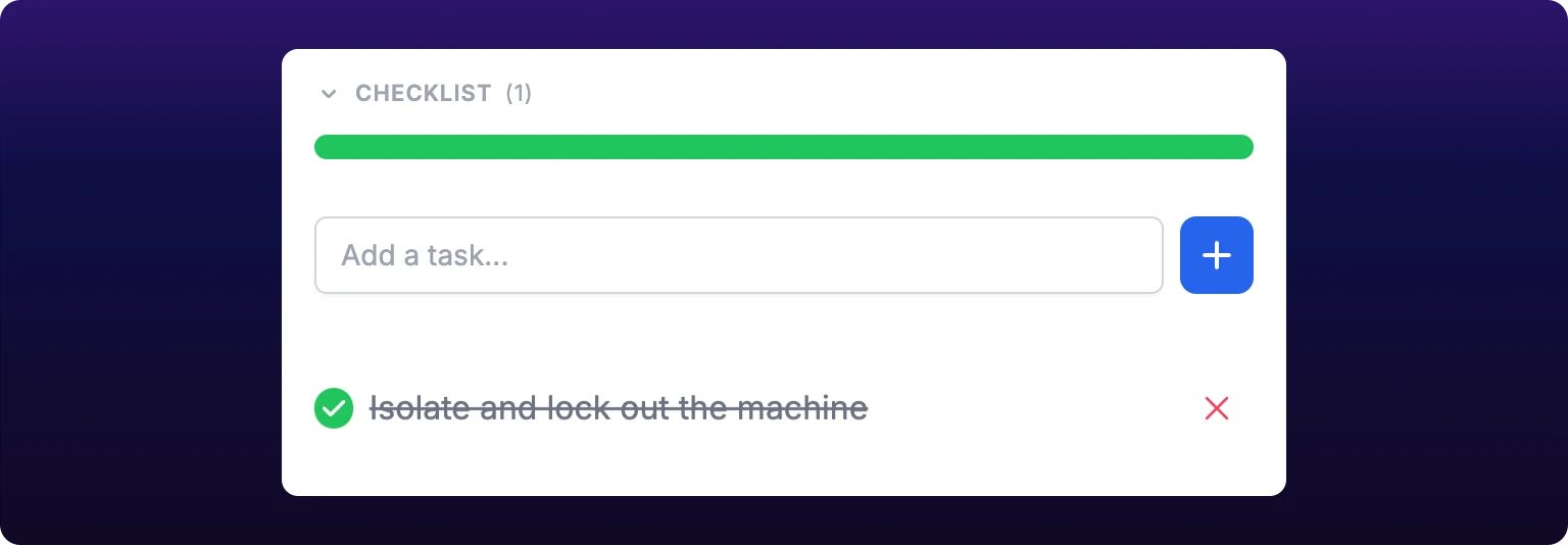 The Checklist section of the drawer with one item struck through and ticked, and a full green progress bar above it