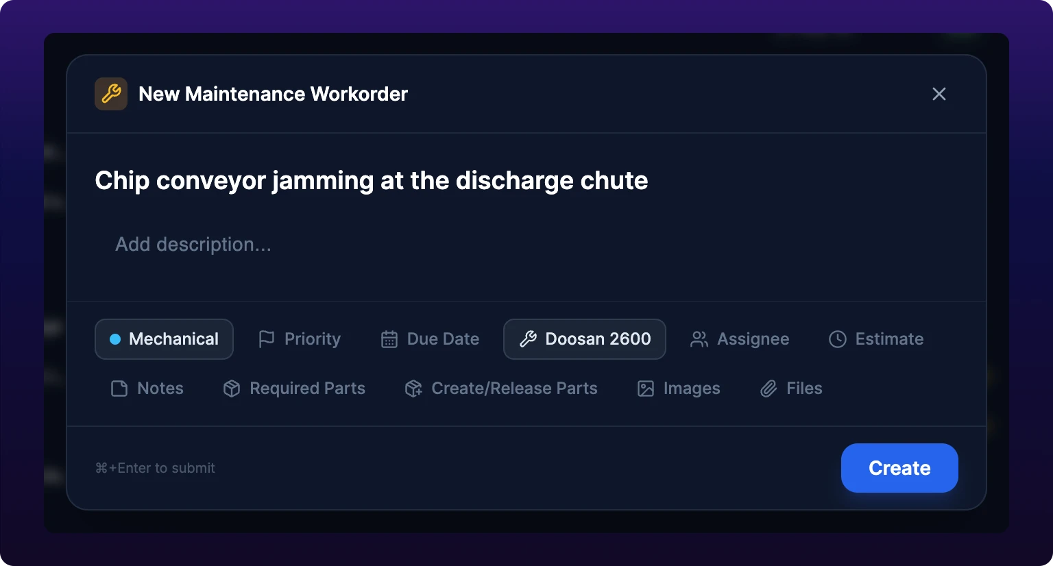 The New Maintenance Workorder modal open over the maintenance board, with a title field, a row of property chips including Group, and a Create button at the bottom right