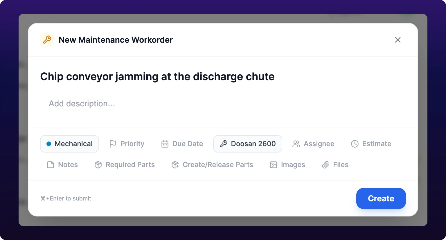 The New Maintenance Workorder modal open over the maintenance board, with a title field, a row of property chips including Group, and a Create button at the bottom right