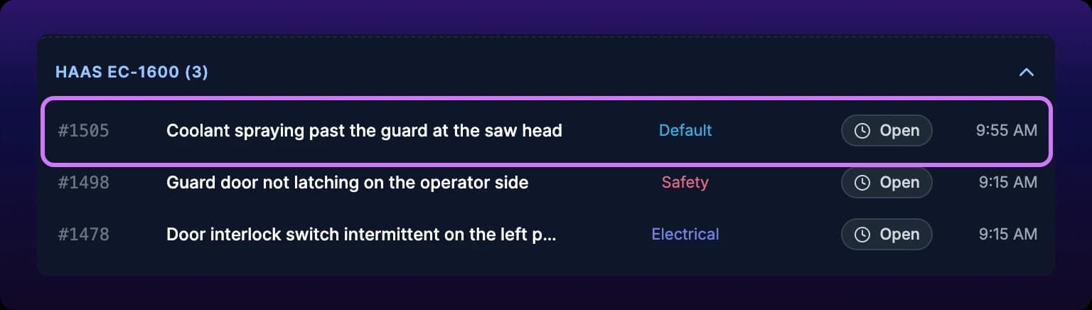The maintenance board's HAAS EC-1600 section, with the newly raised request highlighted as the first row, reading Open and carrying the group Default, above two planned work orders in Safety and Electrical
