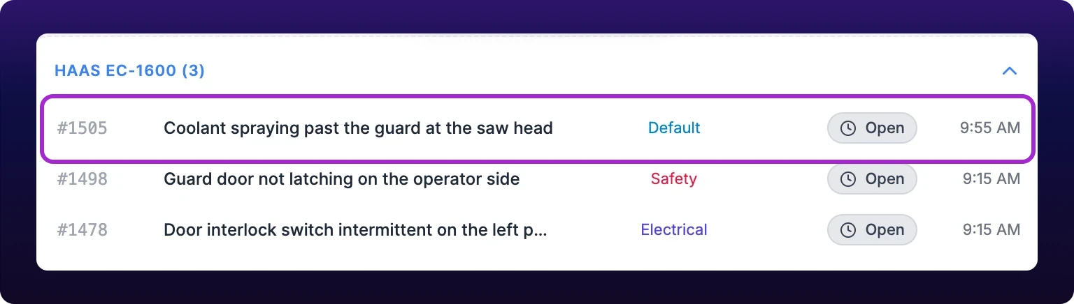 The maintenance board's HAAS EC-1600 section, with the newly raised request highlighted as the first row, reading Open and carrying the group Default, above two planned work orders in Safety and Electrical