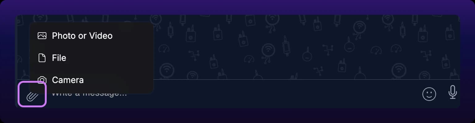 The chat composer's paperclip menu open over the Write a message box, listing Photo or Video, File, and Camera, with a highlight box around the paperclip that opened it