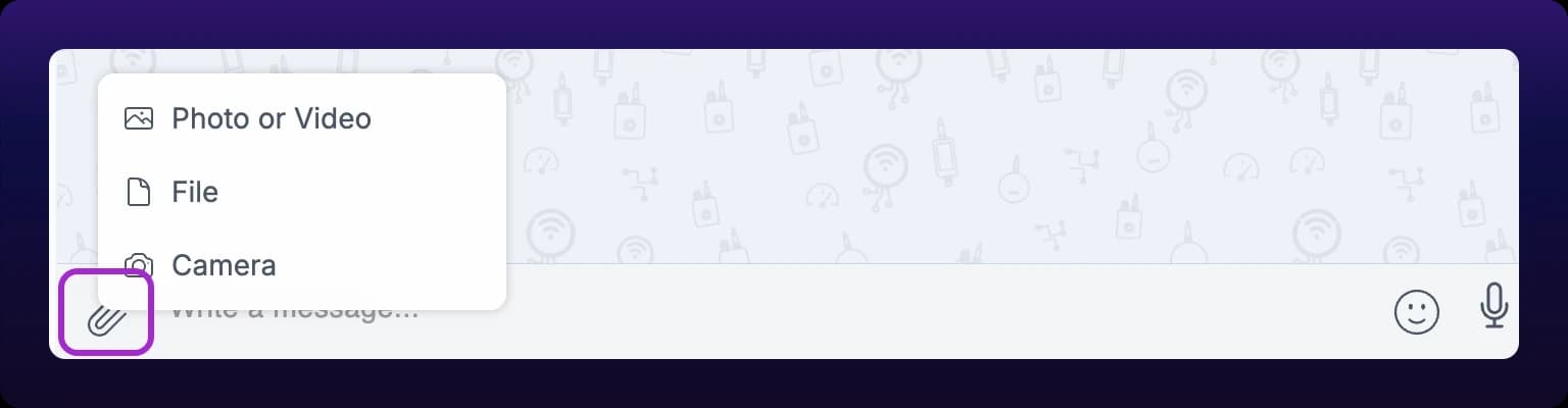 The chat composer's paperclip menu open over the Write a message box, listing Photo or Video, File, and Camera, with a highlight box around the paperclip that opened it