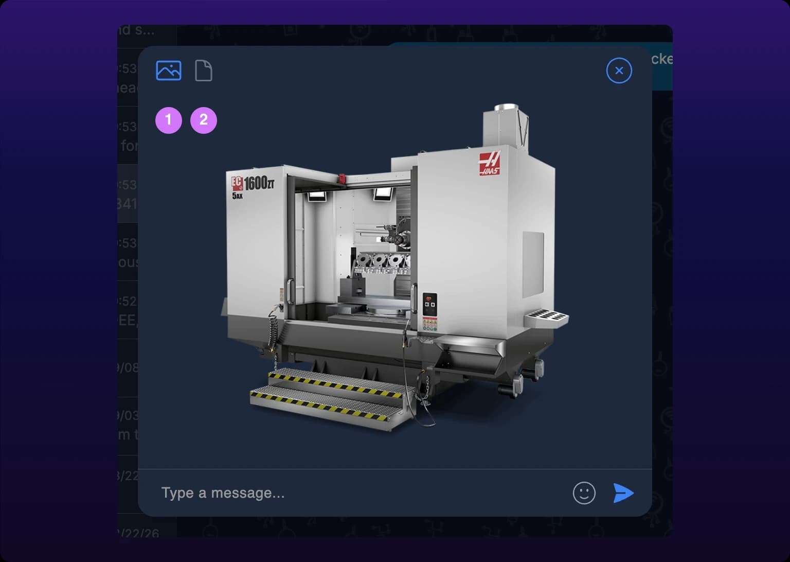 The attachment preview dialog showing an image, with two icon buttons at its top left: numbered callout 1 marks the picture icon that compresses, and callout 2 marks the document icon that sends the original