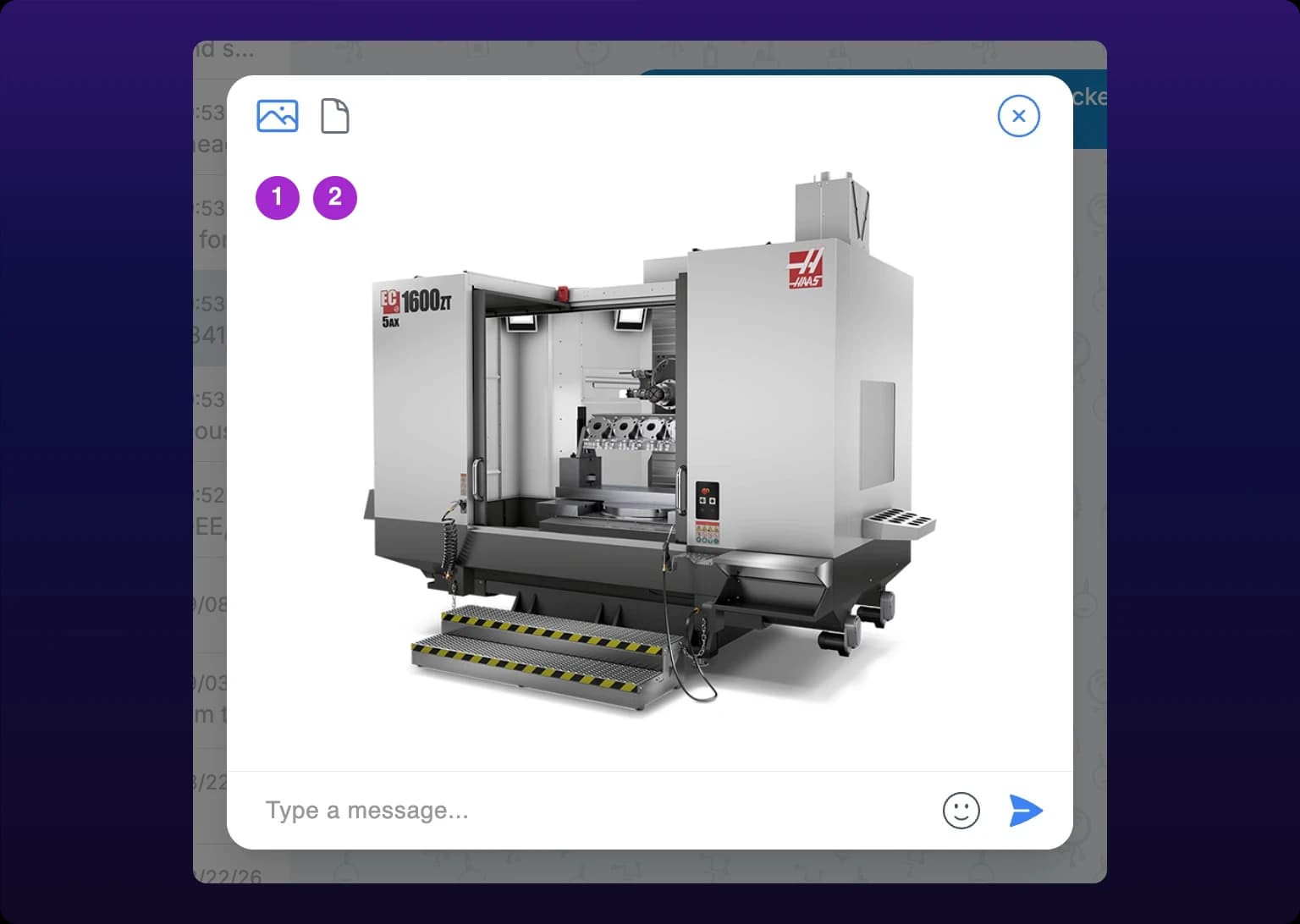 The attachment preview dialog showing an image, with two icon buttons at its top left: numbered callout 1 marks the picture icon that compresses, and callout 2 marks the document icon that sends the original
