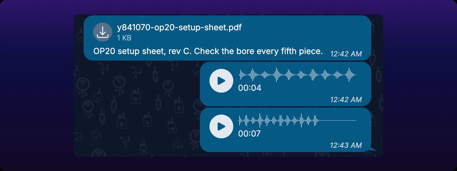 Two voice notes in a chat thread under a PDF attachment, each one a circular play button, a bar waveform beside it, and the recording's length underneath