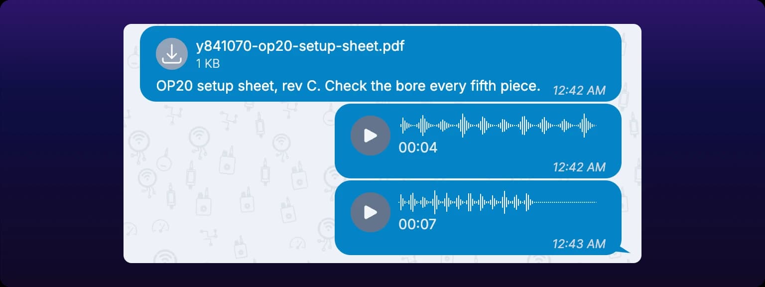 Two voice notes in a chat thread under a PDF attachment, each one a circular play button, a bar waveform beside it, and the recording's length underneath