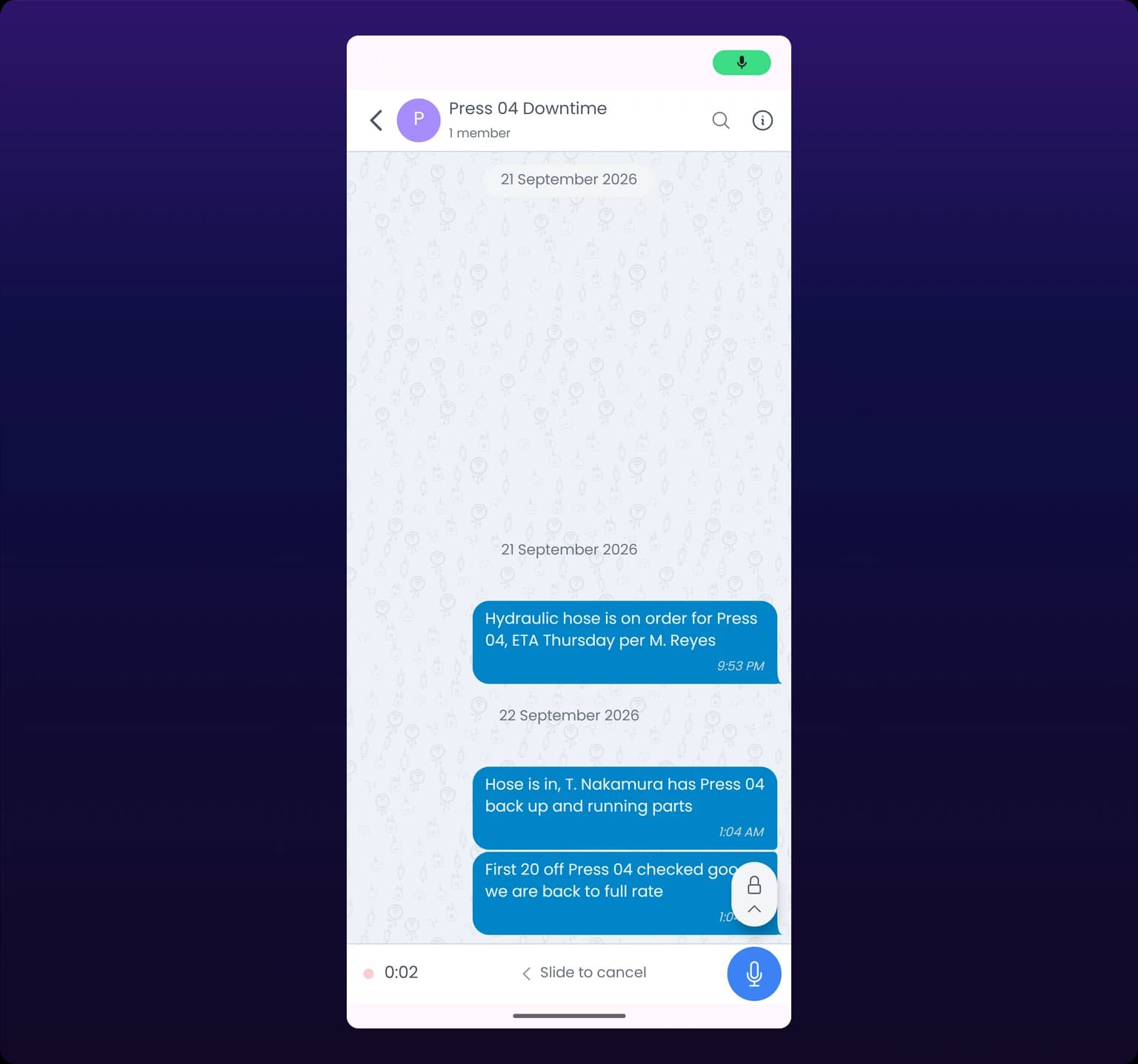 An iOS chat screen recording a voice note: the microphone button is enlarged, a running clock and a Slide to cancel hint fill the composer row, and an arrow marks the hold gesture on the button