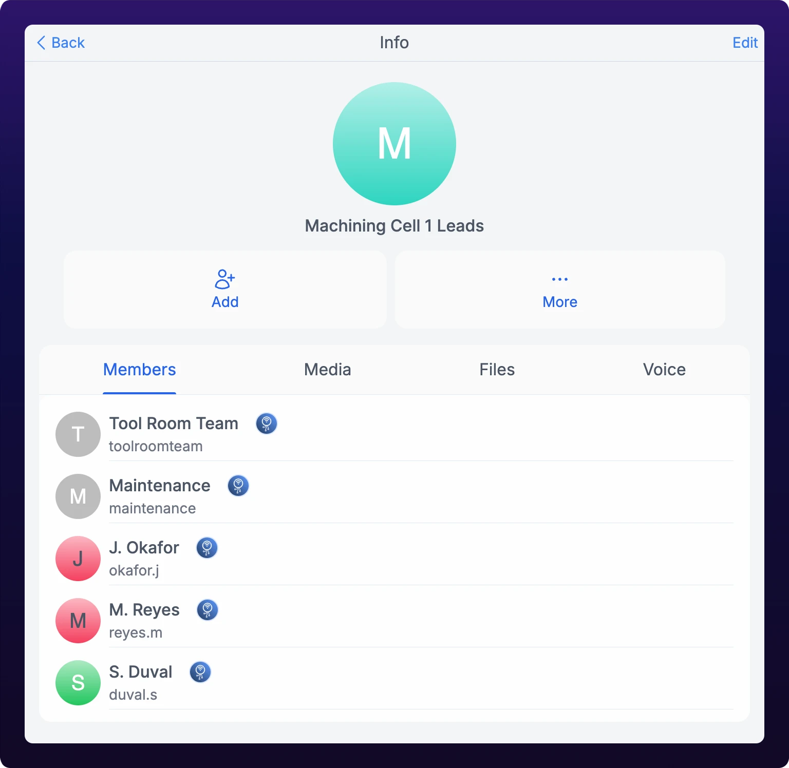 The info panel of a group chat with five members, showing the group picture and name, the Add and More buttons, and the Members tab listing each member with their handle