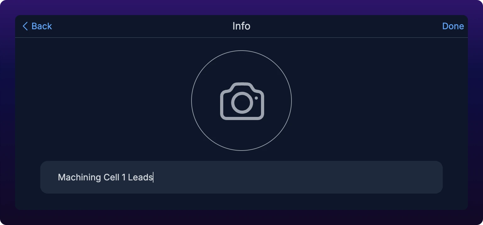 The Edit view of a group chat's info panel, with the group picture square above a focused name field holding the group name