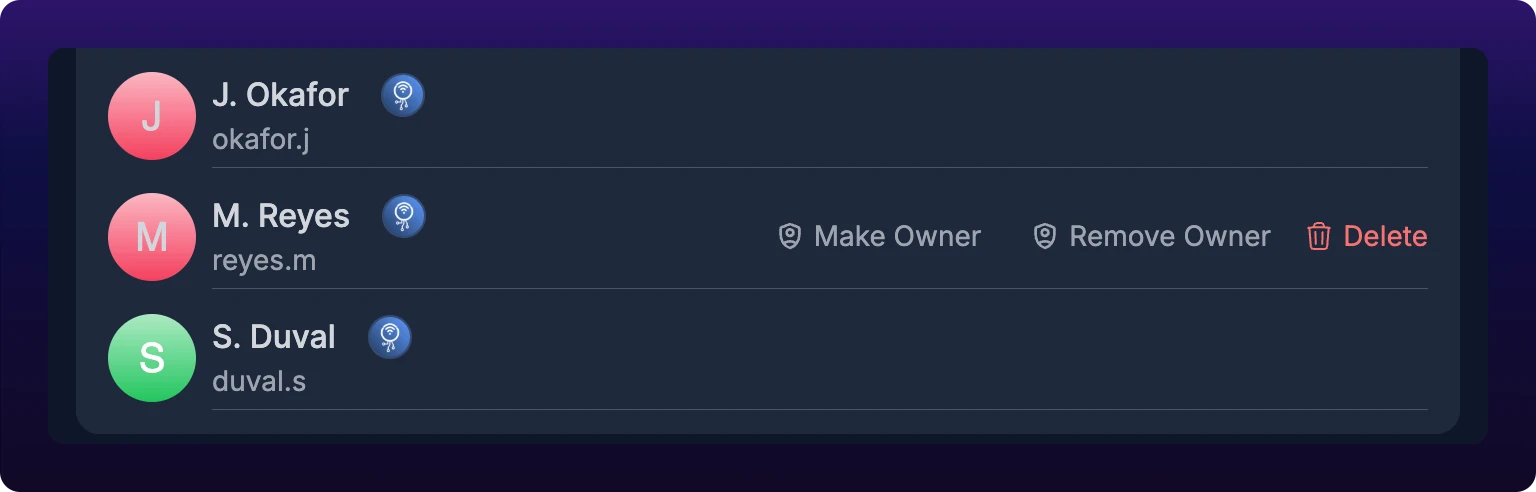 A member row in the Members tab under the pointer, with Make Owner, Remove Owner, and a red Delete revealed at the right of the row