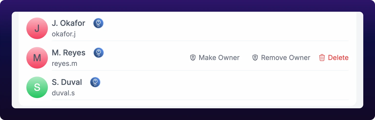 A member row in the Members tab under the pointer, with Make Owner, Remove Owner, and a red Delete revealed at the right of the row