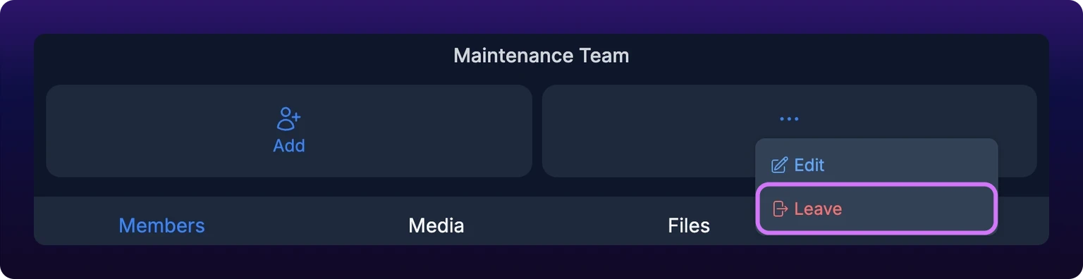 The info panel of a group chat with the More menu open, showing Edit and Leave, with Leave highlighted