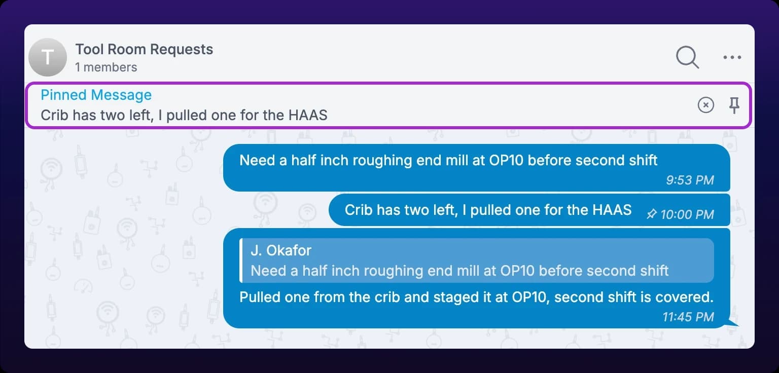 A chat thread with a banner under the header reading Pinned Message over a single truncated line of the pinned message, with an X and a pin icon at its right. The banner is highlighted