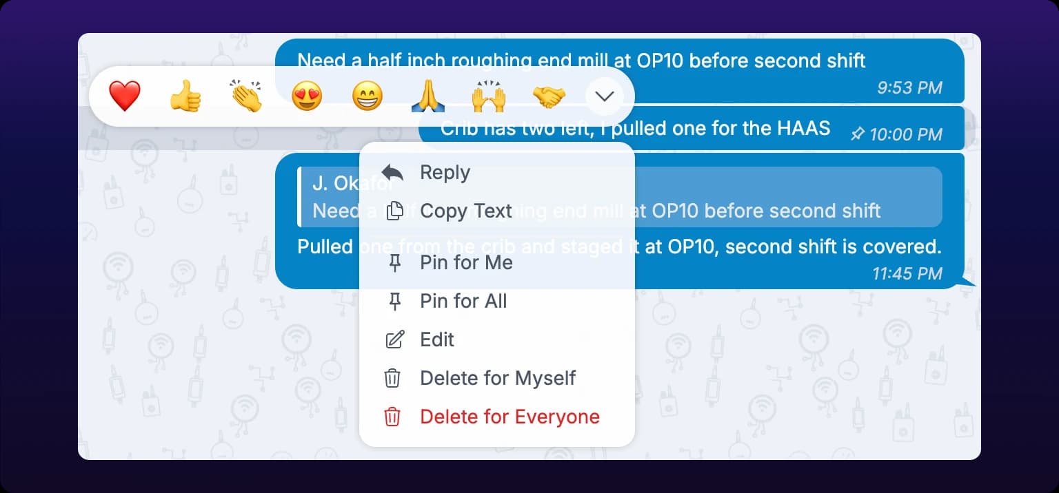 A rounded row of eight emoji floating above an open message menu in a chat thread, ending in a chevron button that opens the full emoji picker