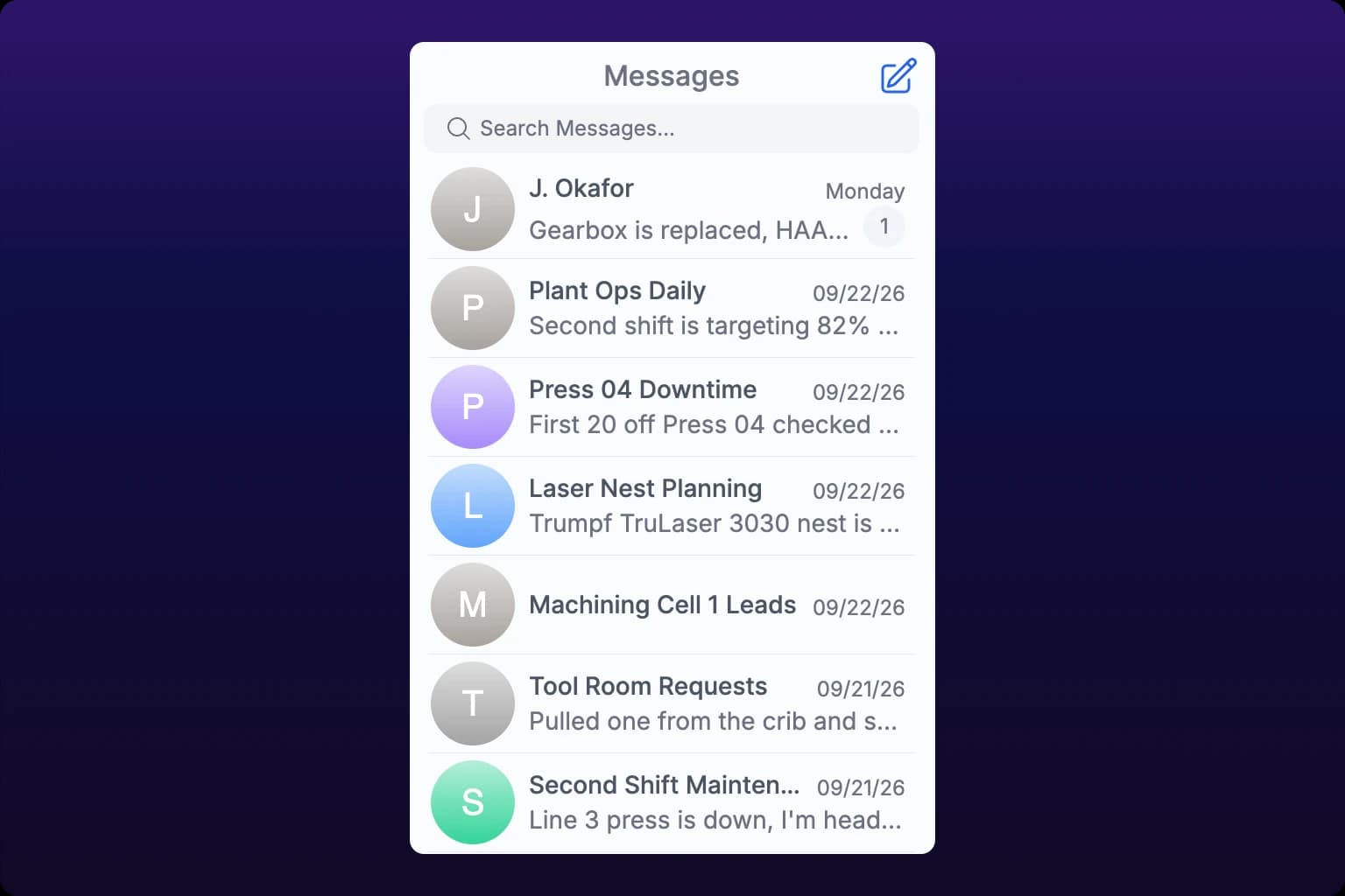 The chat list at /chats showing seven chats, the top row carrying an unread count of 1, with the compose button beside the Messages heading
