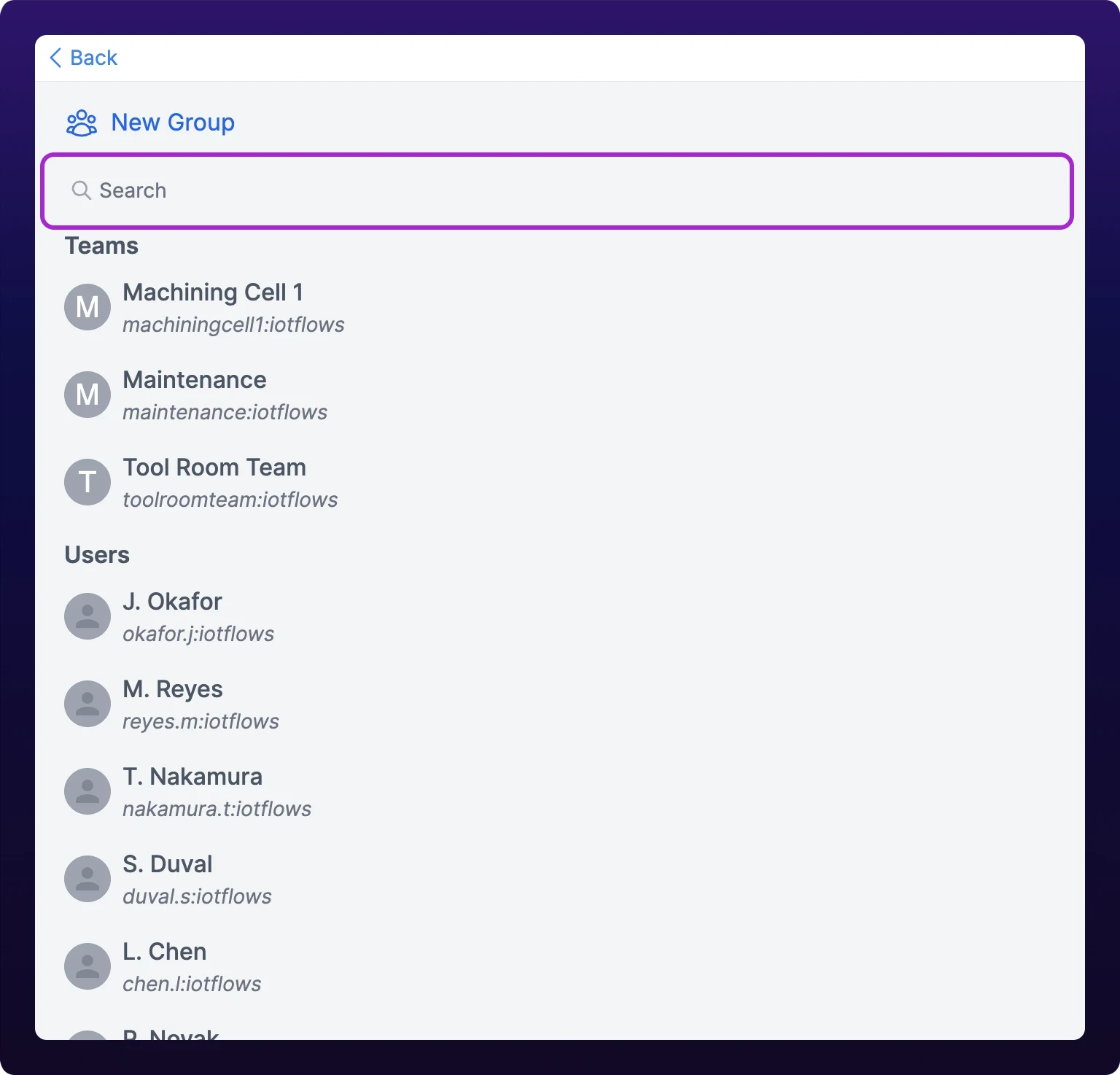 The new-chat panel with the Search field highlighted and the Teams and Users lists below it