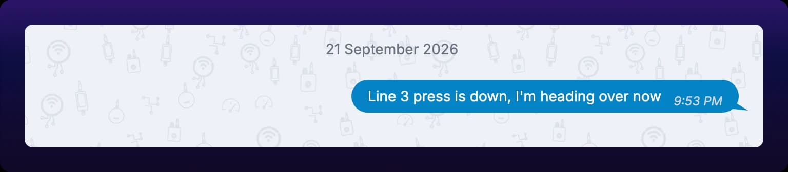 A single sent message bubble at the bottom of an otherwise empty thread, showing the message text and the time it was sent