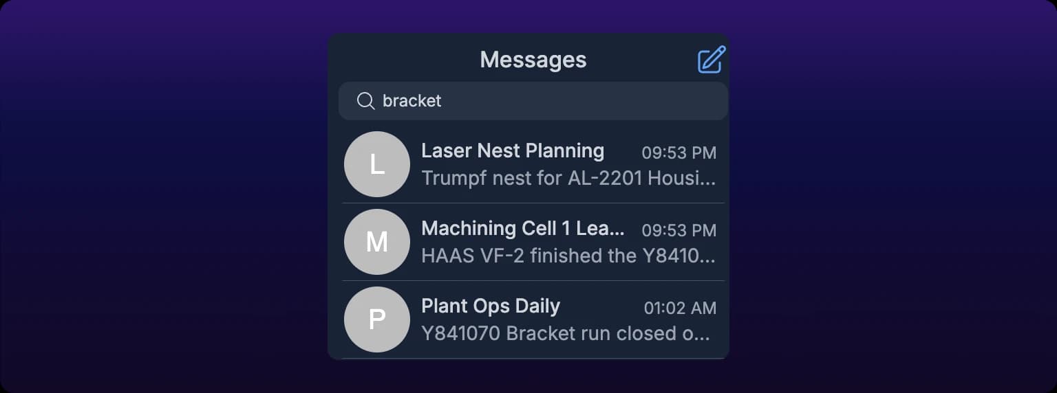 The Search Messages box above the chat list, with message results from three chats listed below it