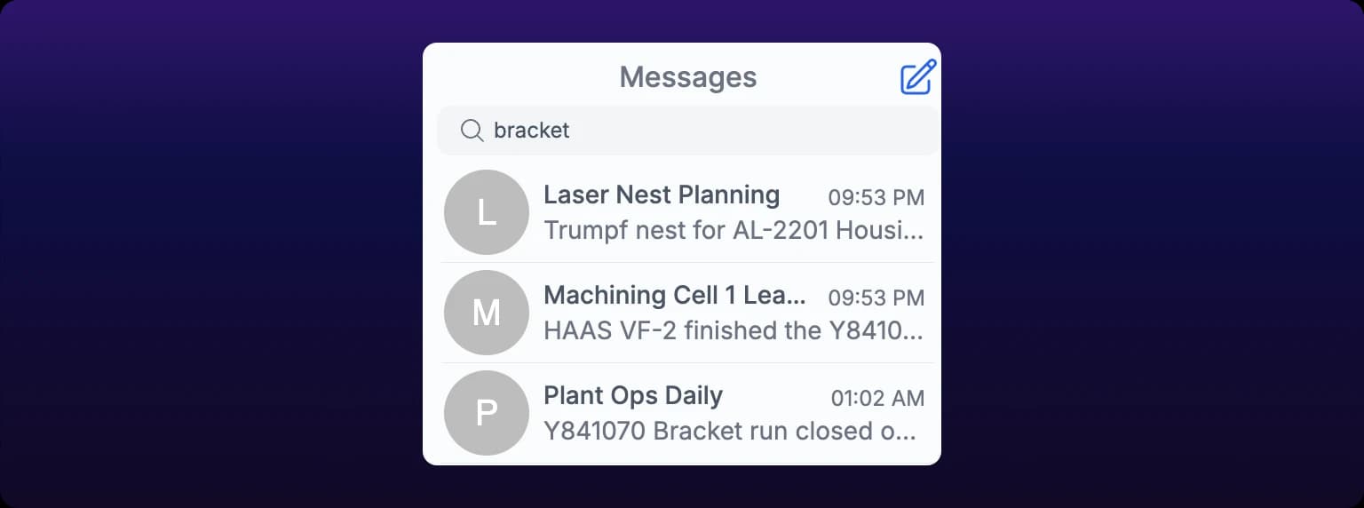 The Search Messages box above the chat list, with message results from three chats listed below it