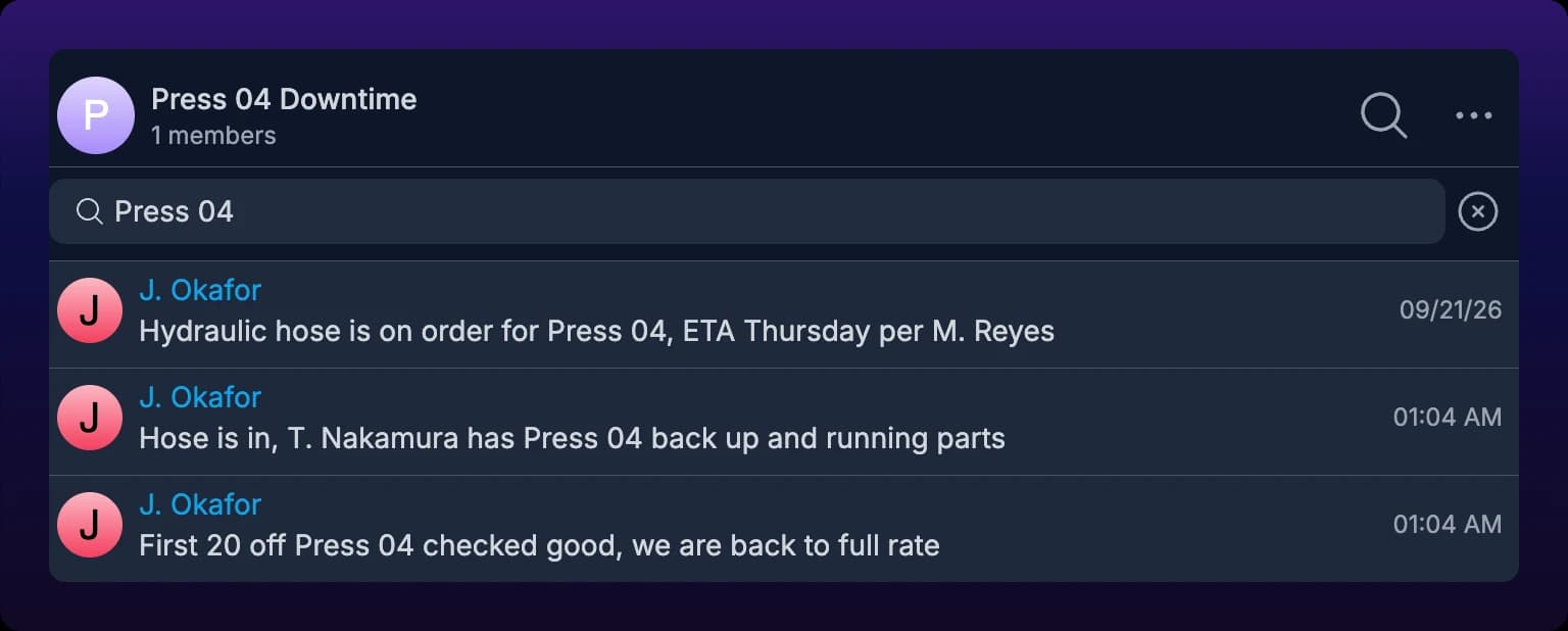 The search bar open under a chat header, listing matching messages from that chat with each sender's name