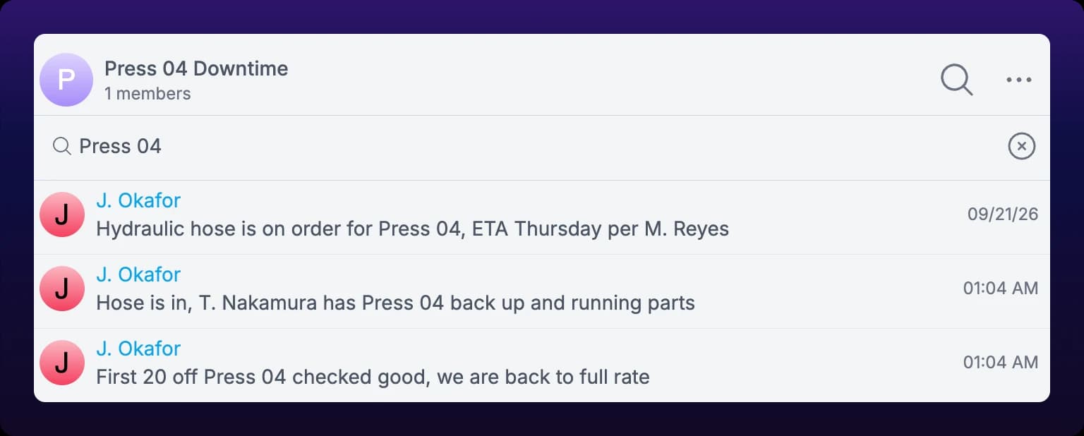 The search bar open under a chat header, listing matching messages from that chat with each sender's name