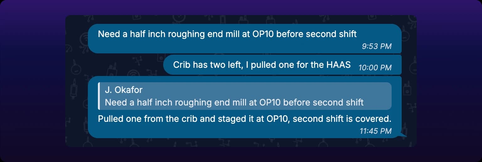 A sent message in a chat thread, carrying above its own text a quoted line in a tinted box with the original sender's name over a single line of their message