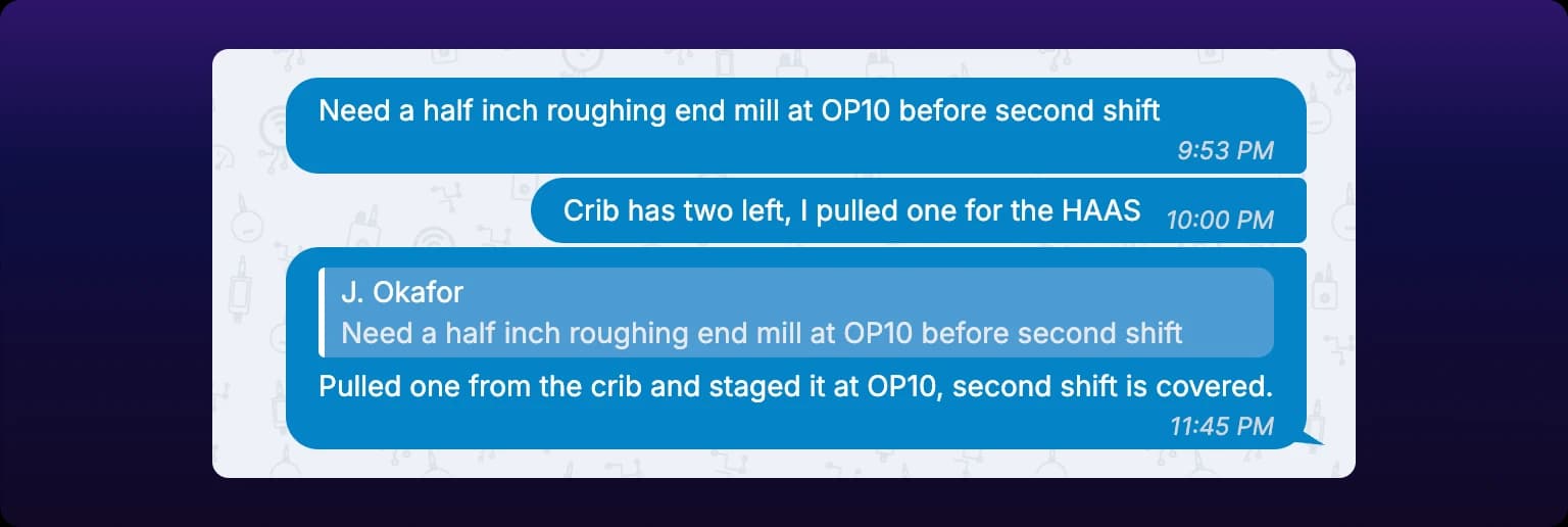 A sent message in a chat thread, carrying above its own text a quoted line in a tinted box with the original sender's name over a single line of their message