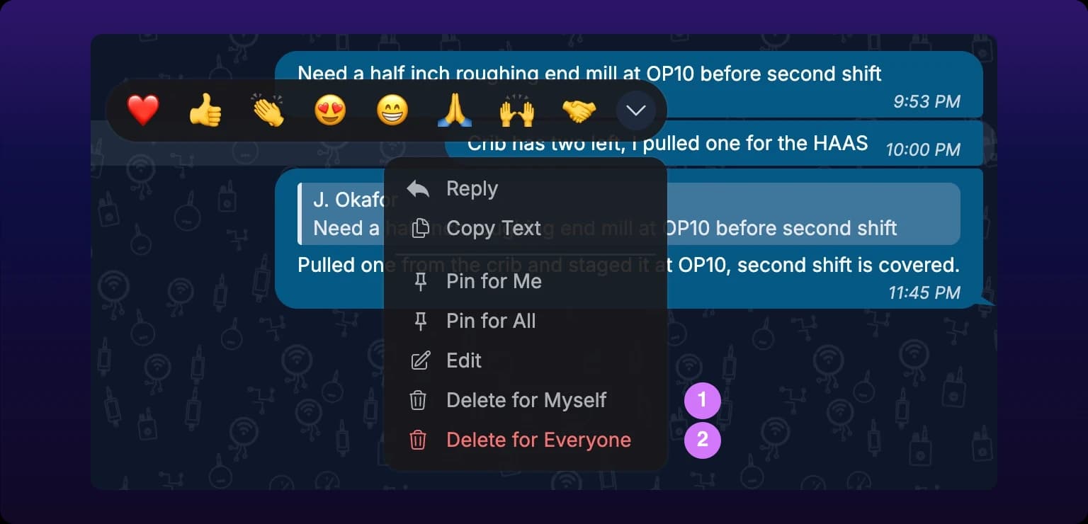 The message menu open over a chat thread, with a row of emoji reactions floating above it. The menu lists Reply, Copy Text, Pin for Me, Pin for All, Edit, then Delete for Myself and, in red, Delete for Everyone. Numbered callout 1 marks Delete for Myself and callout 2 marks Delete for Everyone