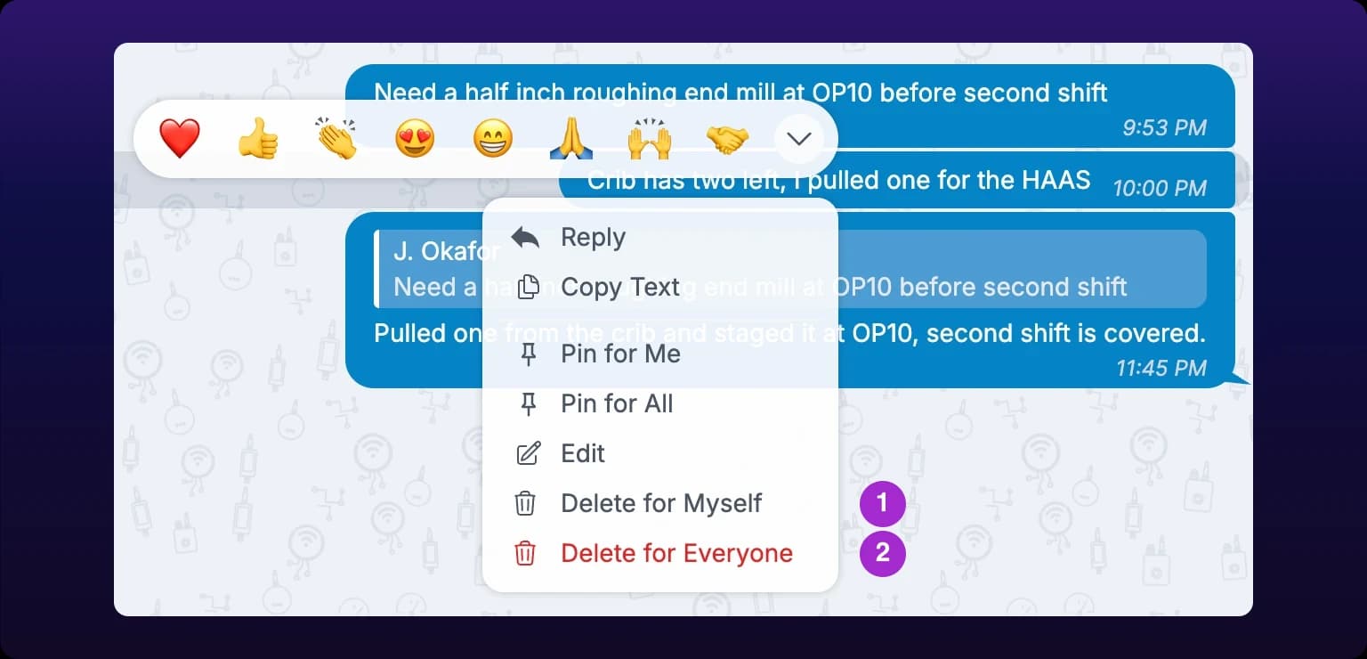 The message menu open over a chat thread, with a row of emoji reactions floating above it. The menu lists Reply, Copy Text, Pin for Me, Pin for All, Edit, then Delete for Myself and, in red, Delete for Everyone. Numbered callout 1 marks Delete for Myself and callout 2 marks Delete for Everyone