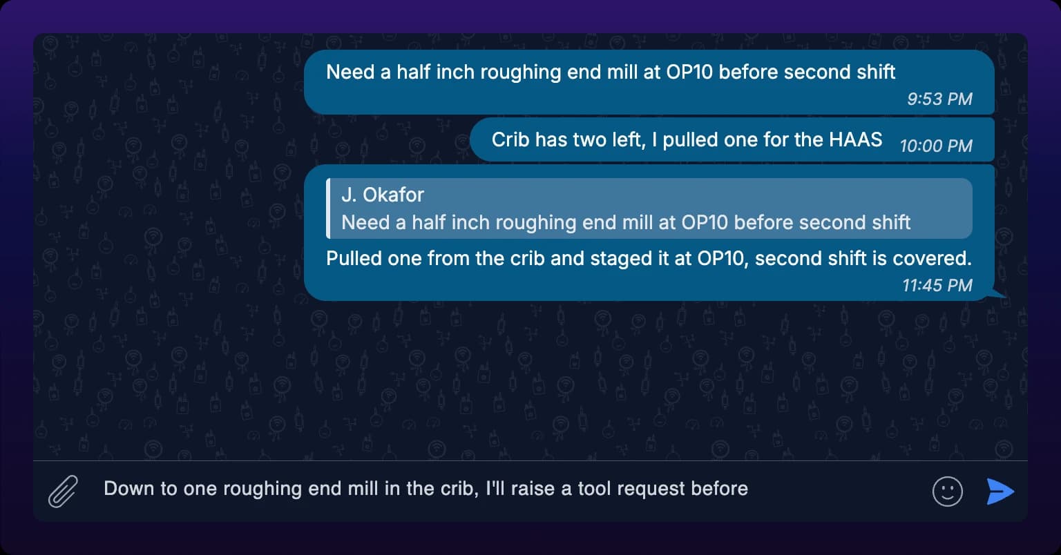 A chat thread whose composer holds an unsent half-written message, with the send button active and no message added to the thread above it