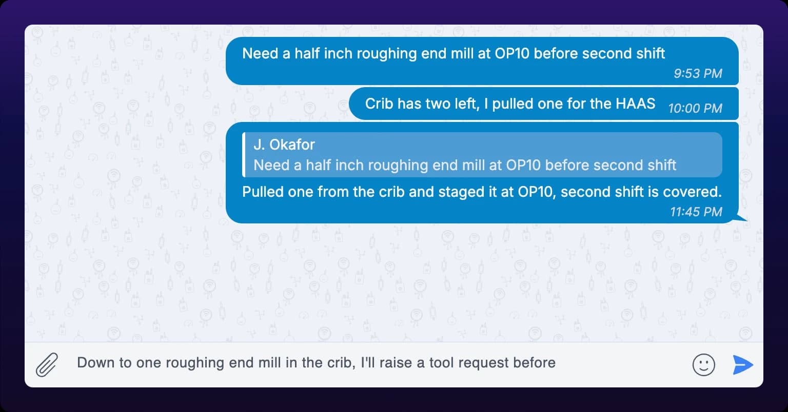 A chat thread whose composer holds an unsent half-written message, with the send button active and no message added to the thread above it