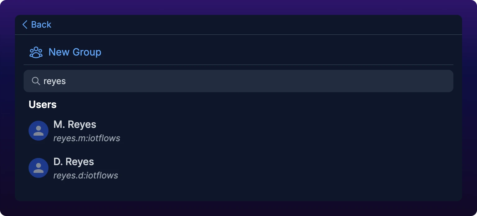 The new-chat panel with text typed into the Search field and the matching people listed under Users, each row showing a name above its handle