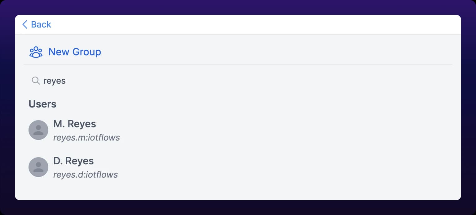 The new-chat panel with text typed into the Search field and the matching people listed under Users, each row showing a name above its handle