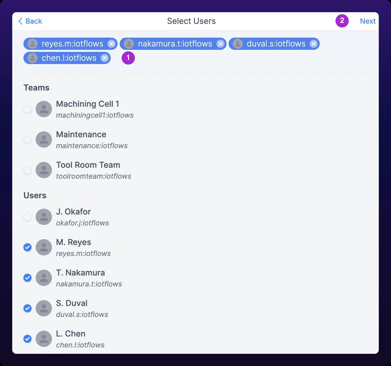 The Select Users screen of the group flow with four chosen members shown as chips above the list, and the Next button active at the top right
