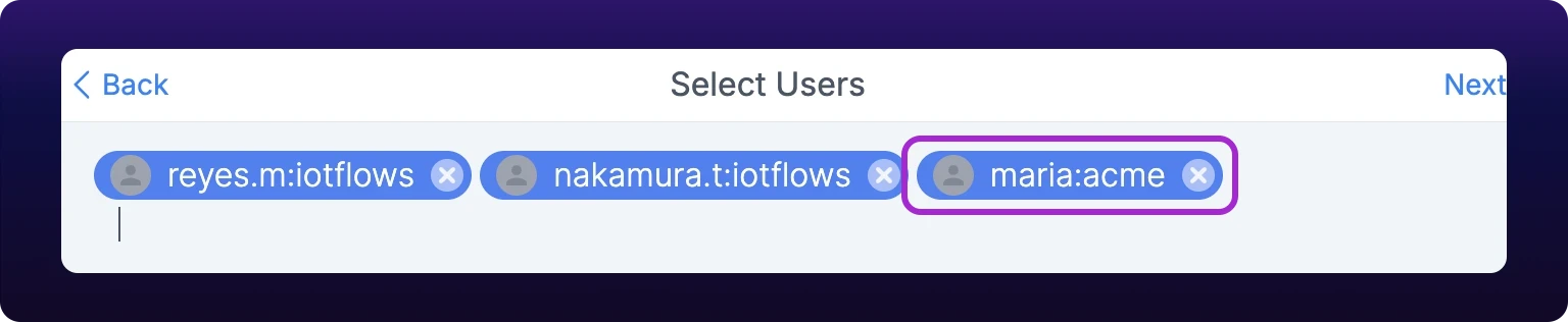 The group flow's member field with an external handle accepted as a chip, sitting next to two members picked from the organization's own list
