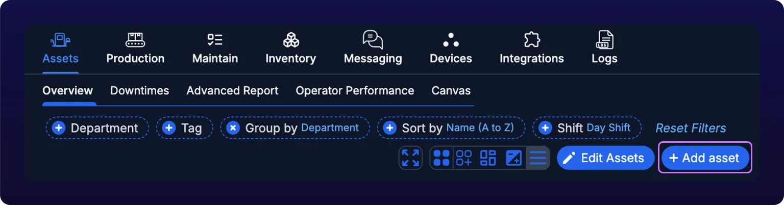 The Add asset button in the Assets page toolbar