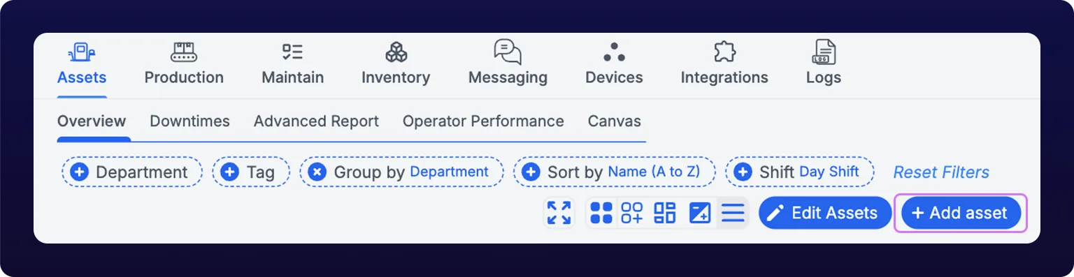 The Add asset button in the Assets page toolbar