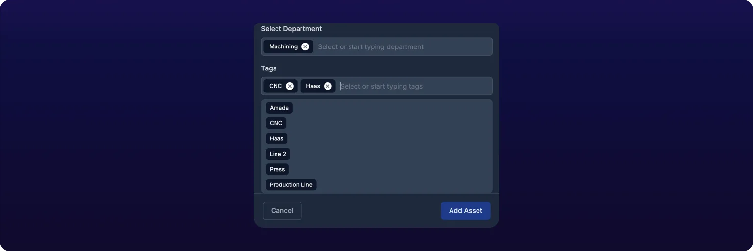 The Tags field of the Add Asset modal with two tags applied